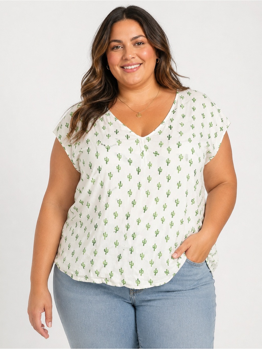 Mandee 100% rayon Plus Size V-Neck Cactus Print Top size 2X